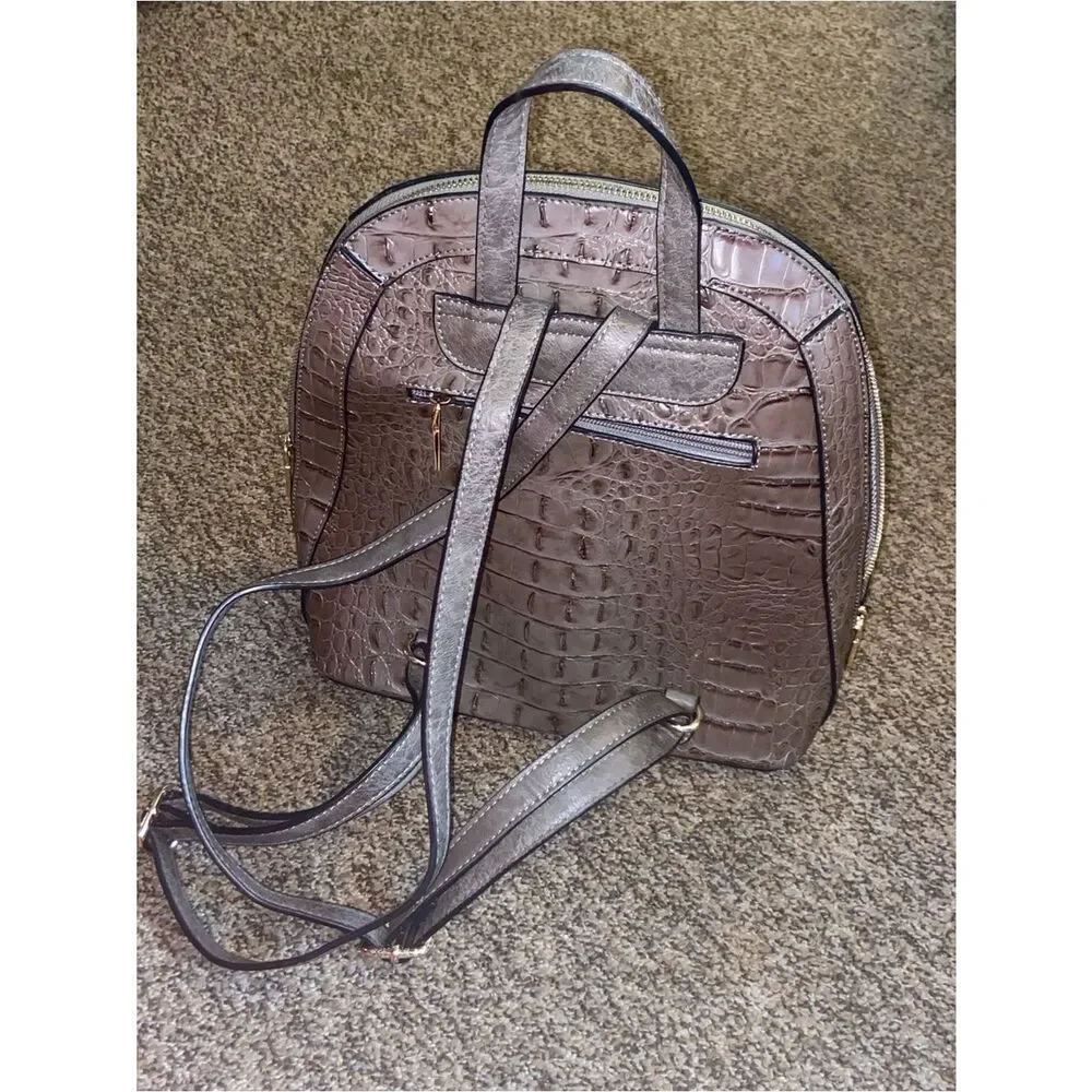 Women’s Faux Croc-Embossed Backpack - Metallic Brown Medium Size Male In China